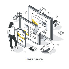 Web design isometric concept with woman near exaggerated devices phone, tablet, PC, each displaying the same webpage. It highlights web design's key aspects: layout, responsiveness,  visuals, coding