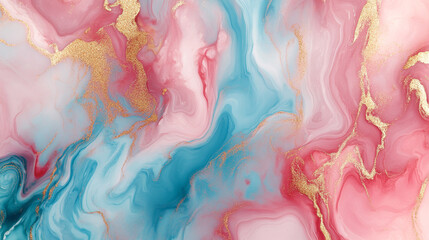 Fototapeta premium Elegant abstract art featuring soft blue and pink swirls with golden accents, creating a serene and vibrant atmosphere for home decor
