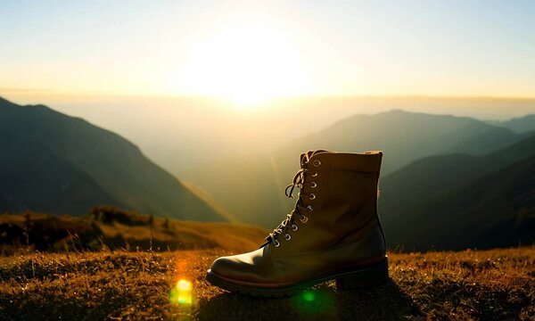 Low angle static video of a boot on a mountain with the sun rising behind, grass foreground and mountain view