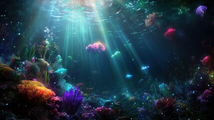 Fototapeta premium Vibrant Underwater Coral Reef with Colorful Marine Life and Sunlight Beams