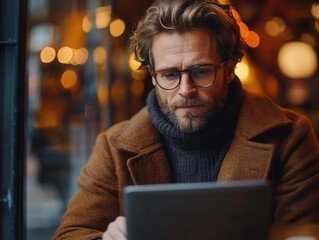 Office worker with a laptop working remotely from a cafe