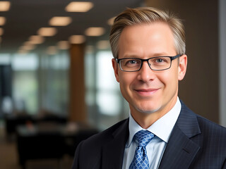 Naklejka premium A business leader confidently poses in a corporate environment, exemplifying professionalism and authority.