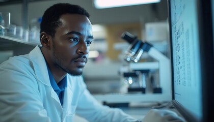 Fototapeta premium Scientist analyzing data on a computer, surrounded by lab equipment