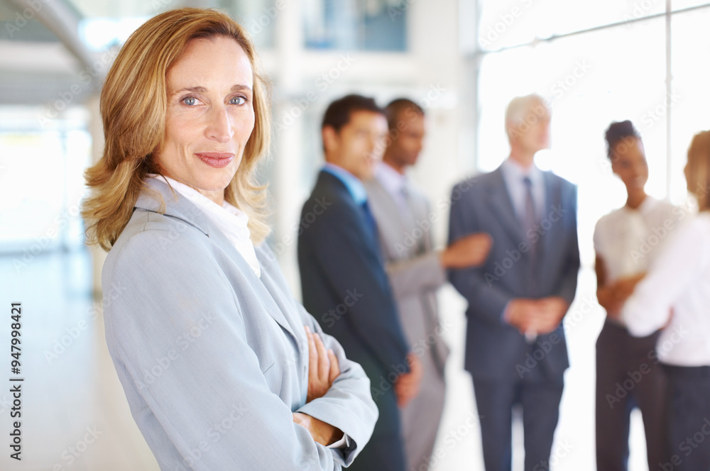 Poster Businesswoman, portrait and arms crossed in office, team leader and confident accountant trading. Female person, financial broker and professional for planning, workplace and accounting meeting