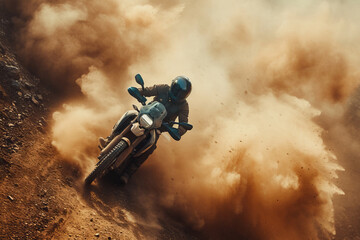 Dirt bike rider speeding through dusty trail creating a dramatic dust cloud of orange sand in air