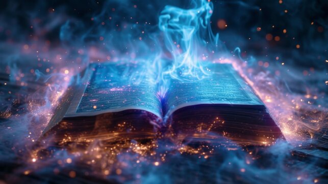 Ancient book with glowing pages surrounded by mystical smoke and sparkles evoking sense of magic