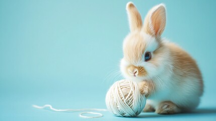 Fototapeta premium A fluffy bunny cub plays with a ball of yarn on a soft pastel light blue background, copy space