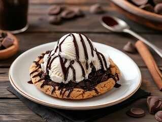 a big Hot cookie with ice cream scoop on it in a white plate with chocolate syrup on it. 