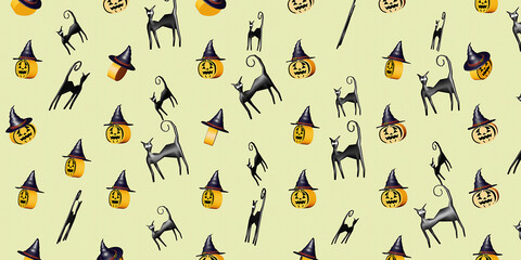 Pumpkins on orange background. Pattern for cafe, menu, restaurant. 3d template background. Halloween. 3d render.