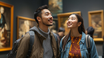 A young couple enjoys a visit to an art gallery