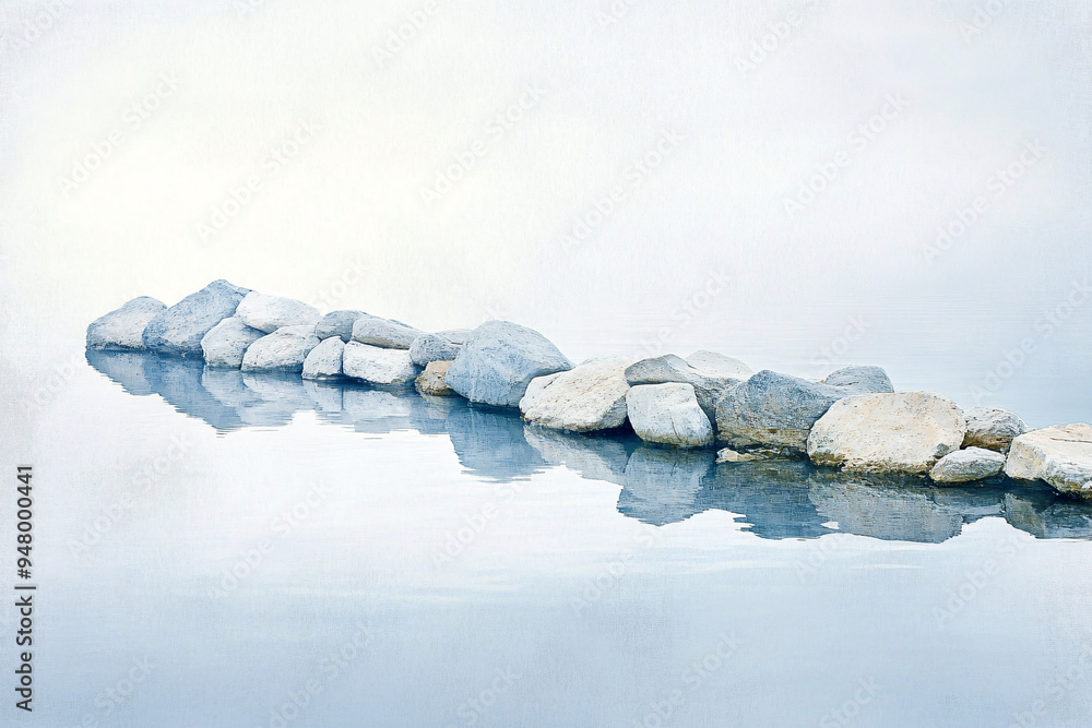 Aufkleber line of smooth white stones reflected in still water creating a serene and minimalist scene with sof