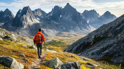 Lone Hiker Trekking Through Rugged Mountain Landscape