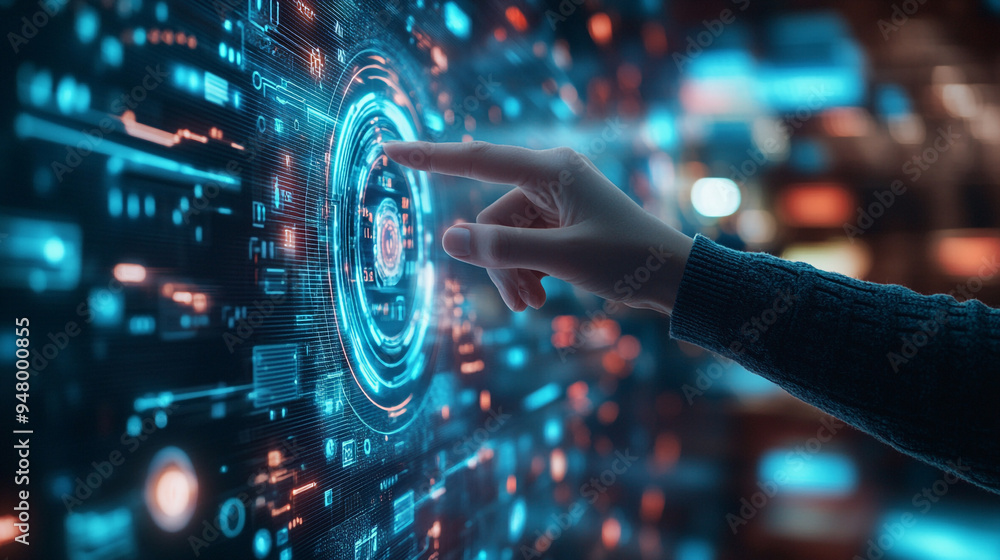 Fototapete a person interacts with a digital interface displaying vibrant data visualizations and technology gr