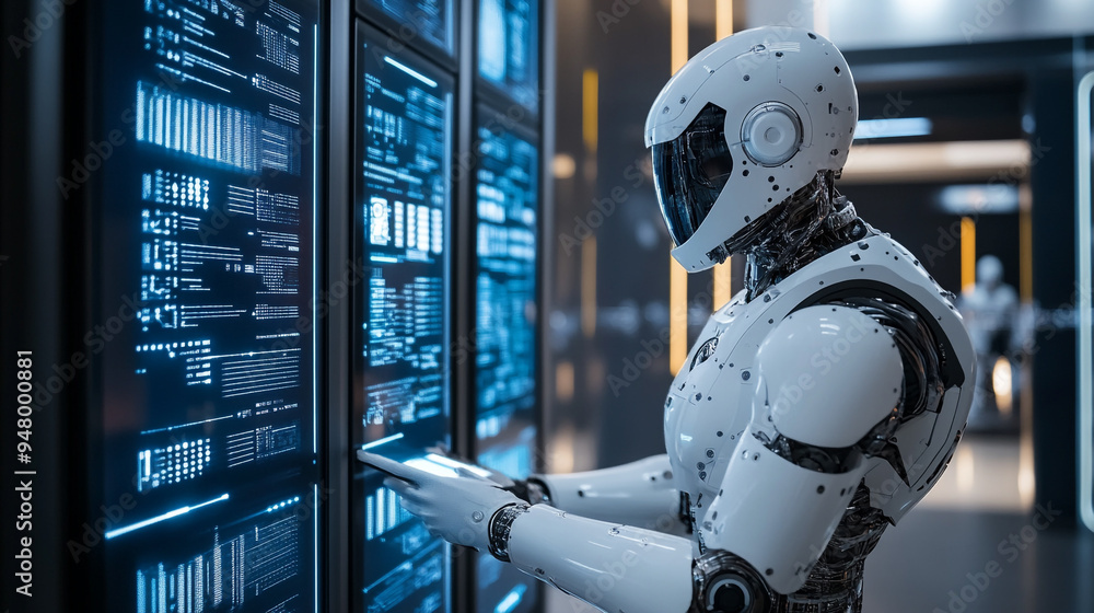 Poster a humanoid robot interacts with a digital interface in a futuristic control room filled with high-te