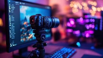 Webcam with microphone attached to a monitor, ready for a video call