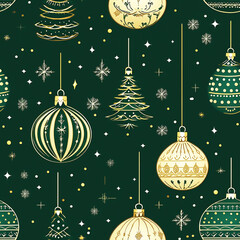 Seamless green pattern of abstract Christmas baubles and Christmas trees for paper or textile.