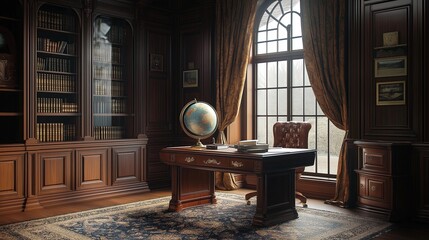 A stately classic study with dark wood paneling, a large mahogany desk, leather-bound books, and a vintage globe, with a richly patterned Persian rug