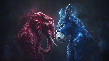 Democrats vs republicans are facing off in a ideological duel on the american flag. In American politics US parties are represented by either the democrat donkey or republican elephan