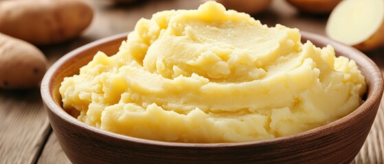 A close-up of creamy mashed potatoes served in a wooden bowl, showcasing a delicious comfort food dish perfect for any meal.