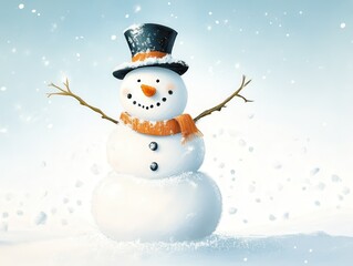 Fototapeta premium Cheerful snowman with a black hat and orange scarf standing in a snowy landscape, capturing the joy and spirit of winter and the holiday season.