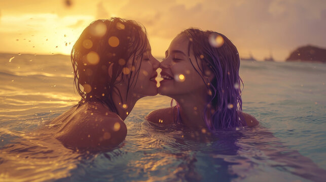 Romantic lesbian couple shares romantic kiss while swimming in ocean at sunset, surrounded by golden light and splashing water, capturing moment of deep connection and female happiness