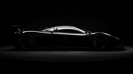Side view of a generic modern black racing car back and rim lit against a plain black background
