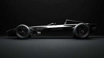 Side view of a generic modern black racing car back and rim lit against a plain black background
