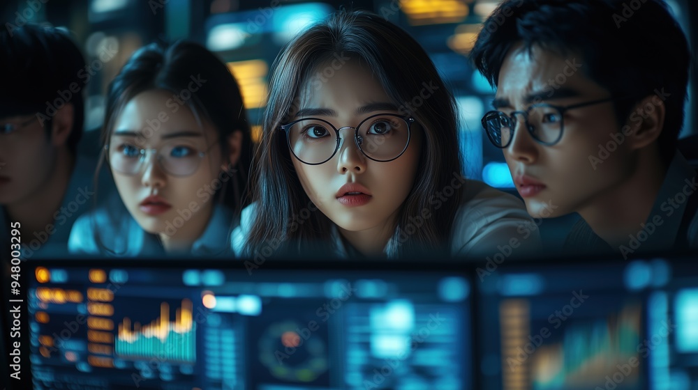 Poster Focused Team Analyzing Data on Screens. Group of young professionals wearing glasses intensely monitor data on multiple computer screens in a dark, tech-filled room.