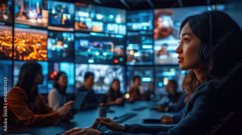 Poster tech professional monitoring digital content wall. woman with headphones focuses on multiple screens