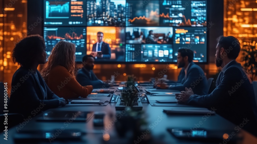 Poster team meeting in high-tech boardroom. diverse team of professionals gather in a modern boardroom fill