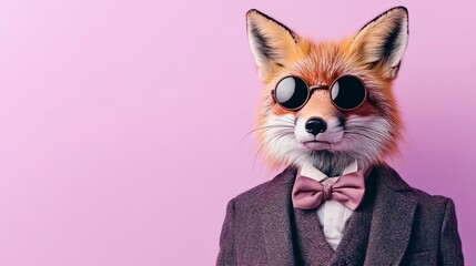 A fox in a vintage suit and monocle on a pastel lavender background, copy space