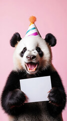 Cute surprised panda holds an Invitation empty white card, party concept. Copy space. Generative AI