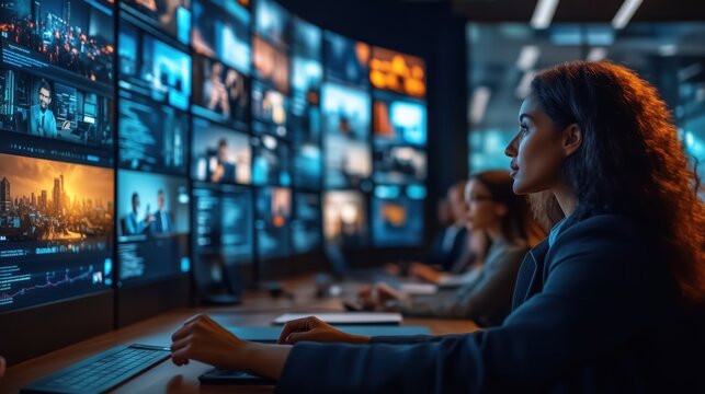 Businesswoman Analyzing Information on Digital Wall. Businesswoman wearing a headset intently focuses on a large digital wall displaying various information and news updates in a tech-savvy office.