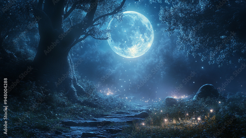 Poster a serene nighttime scene illuminated by a full moon casting a mystical glow over a forest path dotte