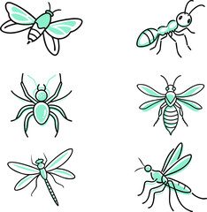 Insects fly, mosquito, ant, spider, dragonfly and wasp. Vector sketches in doodle style on a transparent background