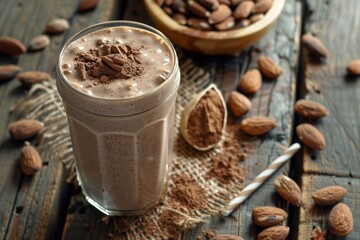 Protein shake made with chocolate and almond milk is surrounded by cocoa powder and almonds on a wooden table