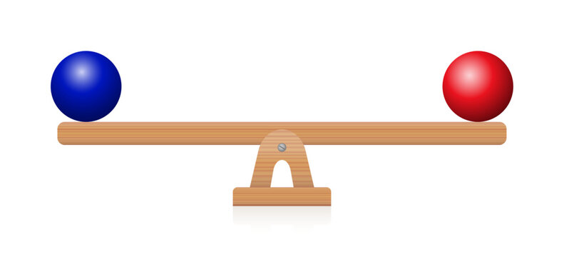 Balance of blue and red sphere on seesaw. Balls of same size and weight but of different colors, equidistant from the middle, in perfect balance on wooden seesaw. Symbol of a fragile balance of power.