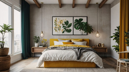 Bright and Airy Modern Bedroom with Teal and Yellow Accents, Bedroom bed with colorful floral cushion