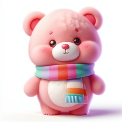 cute 3d fluffy pink teddy bear character with colorful scarf, white background
