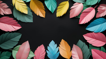 Aesthetic black background with pastel colored paper autumn leaves. Copy space. Autumn inspiration. Generative AI