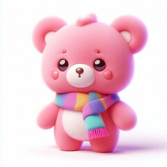 cute 3d fluffy pink teddy bear character with colorful scarf, white background