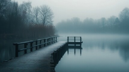 A misty morning scene with a wooden pier extending over calm water, surrounded by bare trees, evoking a sense of solitude and tranquility.