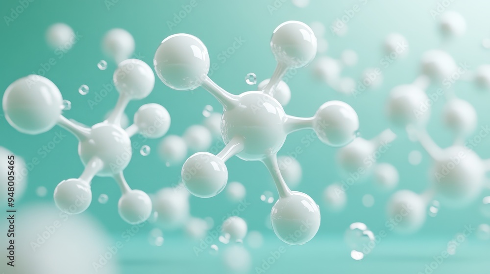 Wall mural abstract 3d molecular structure with white spheres on a teal background representing science and tec
