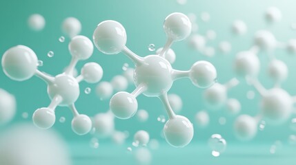Abstract 3D Molecular Structure with White Spheres on a Teal Background Representing Science and Technology