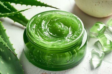 Open jar of soothing aloe vera gel is sitting on a white background surrounded by fresh aloe vera leaves