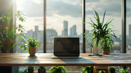 Loft clean minimal wooden desk desktop laptop notebook computer monitor display creative setup design in modern office business workplace workspace room with window city urban view in background