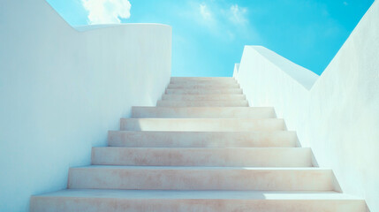 Fototapeta premium A set of white stone stairs ascends under a bright blue sky, symbolizing upward movement and aspiration in a serene, minimalistic setting.