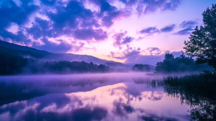 Misty morning over a serene lake with purple and pink hues reflecting on the water, surrounded by soft clouds and lush greenery.