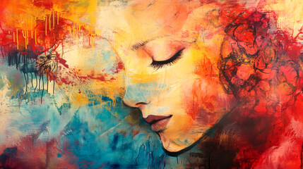 Vibrant and colorful abstract painting of a woman's face with closed eyes, blending warm and cool tones for an emotive expression.