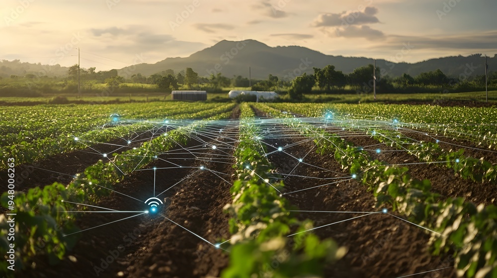 Poster aerial view of iot technology sensors monitoring and tracking water usage in a large scale agricultu